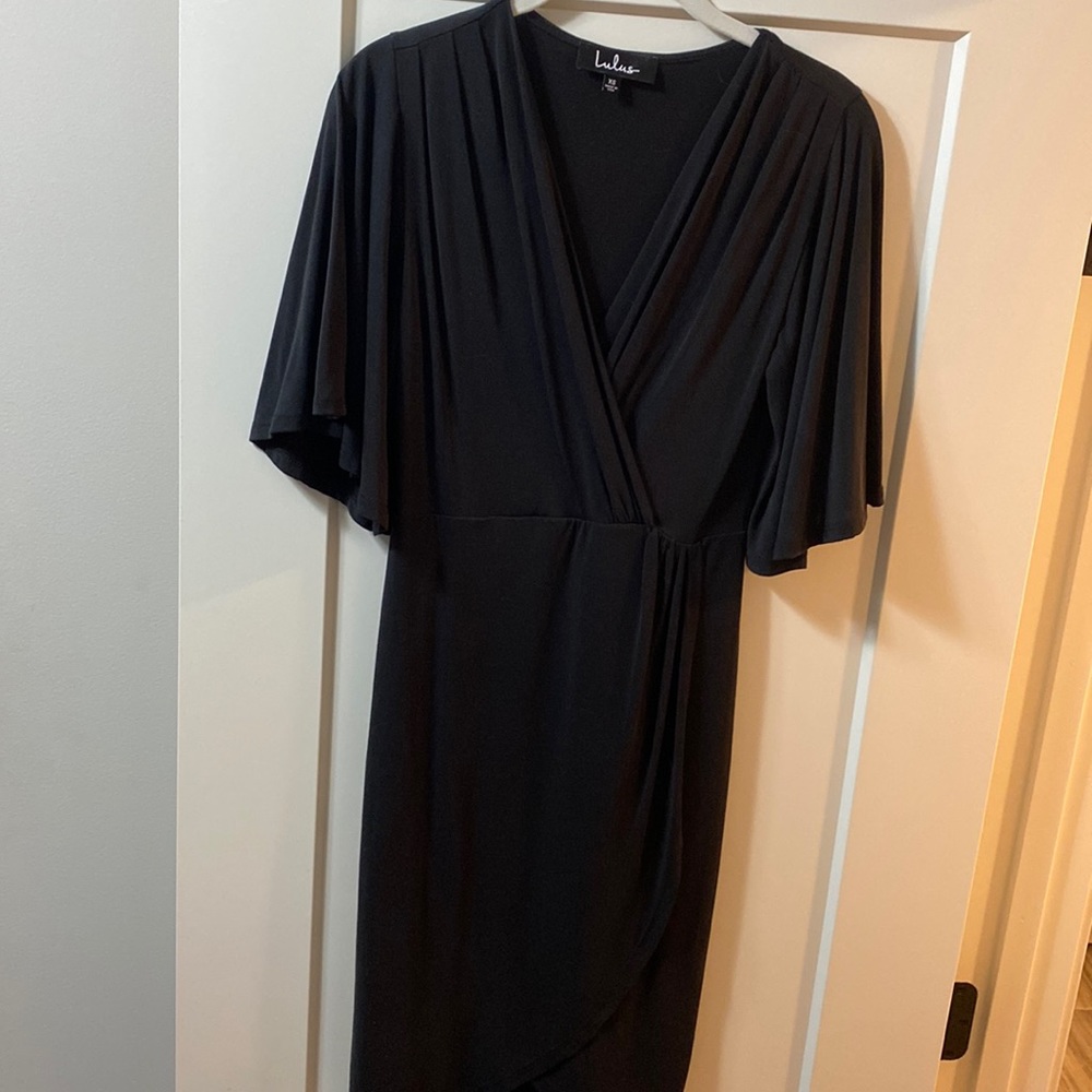 Lulus Dulcet Washed Black Surplice Midi Dress Size XS